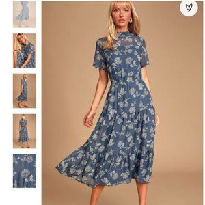 Lulus Floral Dressed Up Dusty Blue Floral Print Midi Dress